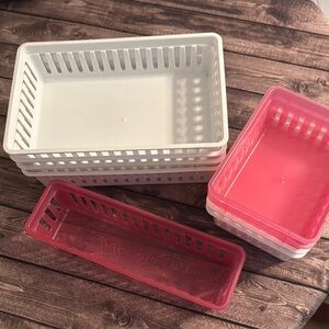Set of 11 White and Pink Storage Baskets